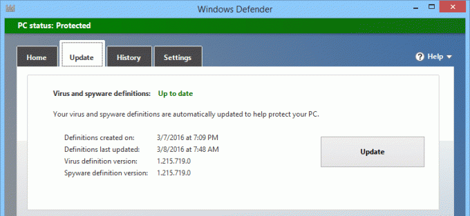 Klicken Sie auf Update und warten Sie, bis Windows Defender Updates heruntergeladen und installiert hat