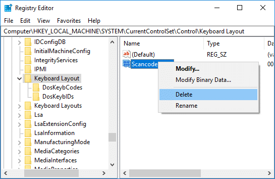 ในการเปิดใช้งาน caps lock เพียงคลิกขวาที่ปุ่ม Scancode Map และเลือก Delete