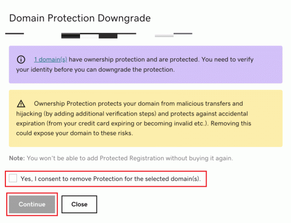 Aktivieren Sie das Kontrollkästchen Ja, ich stimme zu, den Schutz für die ausgewählte(n) Domain(s) zu entfernen, und klicken Sie auf Weiter