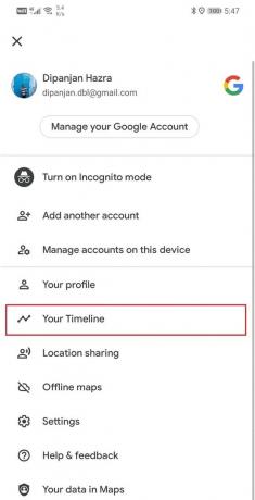 Klikk på " Din tidslinje"-alternativet | Se posisjonsloggen i Google Maps