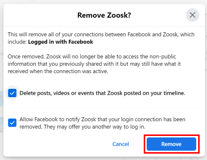 Tada dialogo lange spustelėkite mygtuką Pašalinti, kad pašalintumėte Zoosk iš Facebook | Kaip pašalinti Zoosk iš Facebook