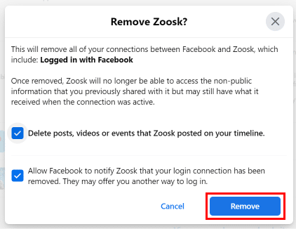 Luego, haga clic en el botón Eliminar del cuadro de diálogo para eliminar Zoosk de Facebook | ¿Cómo elimino Zoosk de Facebook?