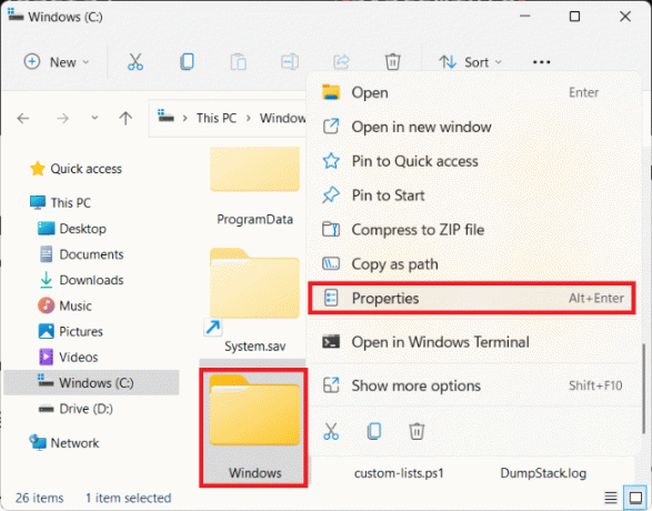 Napsauta hiiren kakkospainikkeella Windows-kansiota ja valitse Ominaisuudet Windows 11