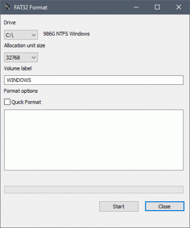 Programvinduet " FAT32 Format" åpnes på skjermen