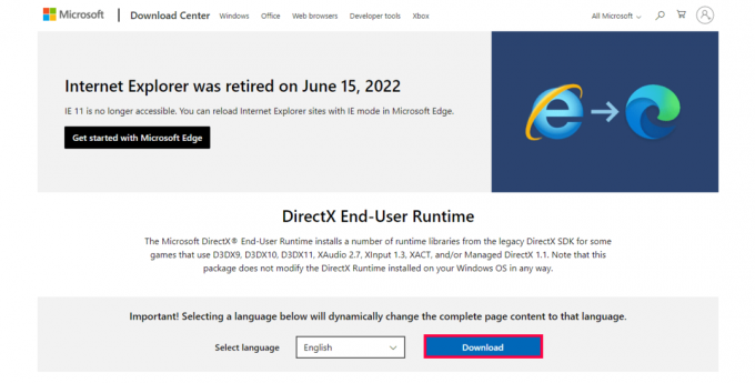 Apsilankykite oficialiame „Microsoft DirectX End-User Runtime Web Installer“ puslapyje. Spustelėkite mygtuką Atsisiųsti, kad atsisiųstumėte diegimo programą | mirtinas Directx klaidos kodas 3 tik priežastis 2