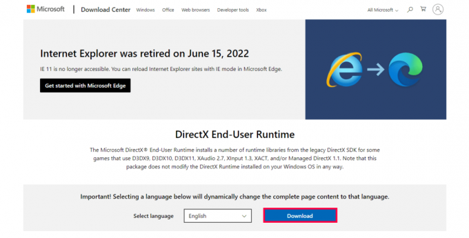 Посетите званичну страницу Мицрософт ДирецтКс Енд-Усер Рунтиме Веб Инсталлер. Кликните на дугме Преузми да бисте преузели инсталатер | фатални код грешке Дирецтк 3 само узрок 2