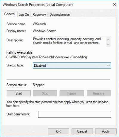 จากดรอปดาวน์ประเภทการเริ่มต้นของ Windows Search ให้เลือก Disabled