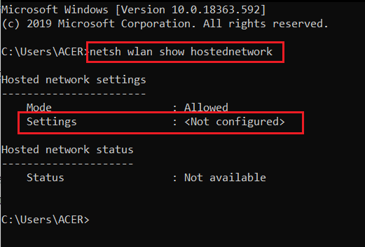 suorita komento netsh wlan show hostednetwork ja tarkastele asetuksia, joita ei ole määritetty komentokehotteessa tai cmd: ssä