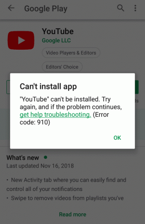 შესწორება შეუძლებელია აპის შეცდომის კოდი 910-ის დაინსტალირება Google Play Store-ზე