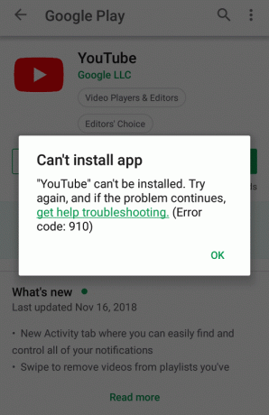 Arreglar No se puede instalar el código de error 910 de la aplicación en Google Play Store