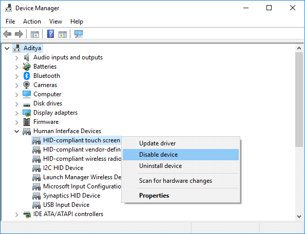 Kattintson a jobb gombbal a HID-kompatibilis érintőképernyőre, és válassza a Letiltás lehetőséget