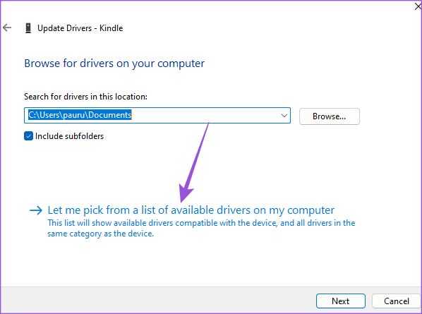 deixe-me escolher os drivers disponíveis para o Kindle Windows 11