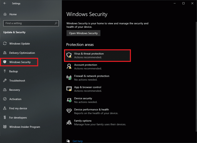 Siirry Windowsin suojauskohtaan ja napsauta Virusten ja uhkien suojaus. Windows 10:n tehtäväpalkin kuvakkeiden puuttuvan ongelman korjaaminen