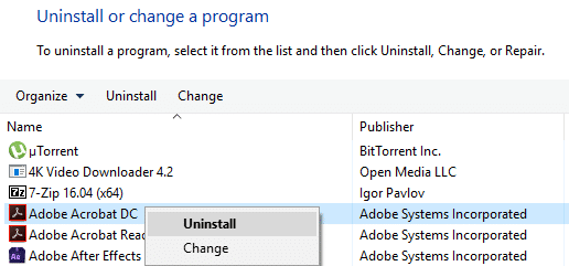 Odinstaluj Adobe Acrobat Reader | Napraw plik jest uszkodzony i nie można go naprawić