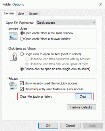 คลิกปุ่มล้างประวัติไฟล์ Explorer เพื่อแก้ไข File Explorer จะไม่เปิดใน Windows 10