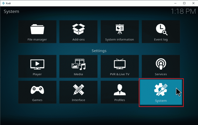 Selecione Sistema nas configurações do Kodi