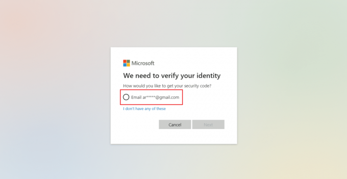 válassza ki az e-mailt a Microsoft igazolja személyazonosságát.