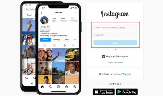 قم بزيارة صفحة تسجيل الدخول إلى Instagram في متصفح الويب الخاص بك وقم بتسجيل الدخول إلى حسابك |
