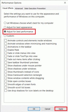 คลิกที่ปุ่มตัวเลือกถัดจาก 'ปรับเพื่อประสิทธิภาพที่ดีที่สุด' จากนั้นคลิกที่ Apply