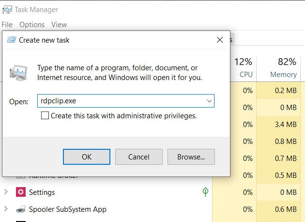 Írja be az rdpclip.exe parancsot a beviteli mezőbe, és nyomja meg az Enter gombot | Javítsa ki a másolás beillesztést, amely nem működik Windows 10 rendszeren