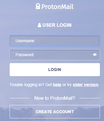För att använda ett Proton Mail-konto anger du användarnamn och lösenord och klickar på logga in