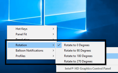 Ekran döndürme seçeneğini doğrudan Intel Grafik Ayarlarının görev çubuğu simgesinden alabilirsiniz.