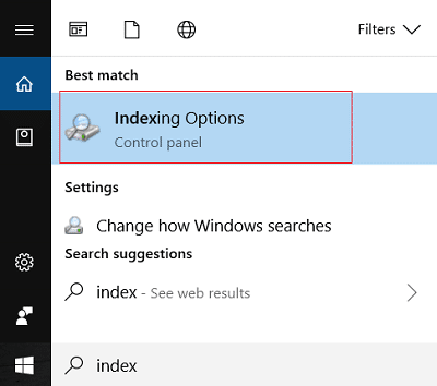 Digite o índice no Windows Search e clique em Opções de indexação