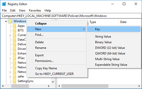Klicken Sie mit der rechten Maustaste auf Windows und wählen Sie dann Neu und dann Schlüssel. Benennen Sie diesen neuen Schlüssel als AppCompat und drücken Sie die Eingabetaste