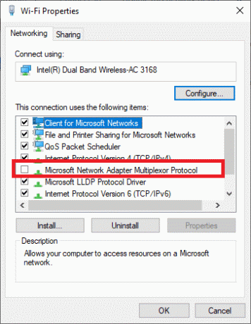 ახლა დარწმუნდით, რომ Microsoft Network Adapter Multiplexor Protocol არ არის მონიშნული. როგორ მოვაგვაროთ Hamachi გვირაბის პრობლემა Windows 10-ზე