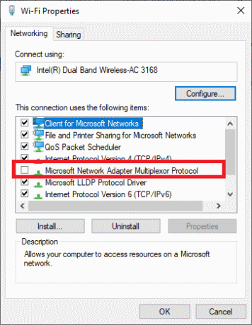 Varmista nyt, että Microsoft Network Adapter Multiplexor Protocol -protokollaa ei ole valittu. Hamachi-tunneliongelman korjaaminen Windows 10:ssä