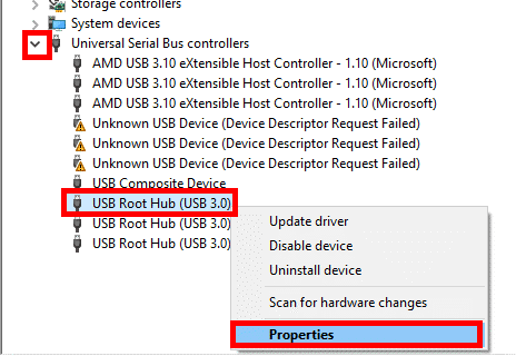 Paremklõpsake igal USB Root Hubil ja valige Atribuudid.