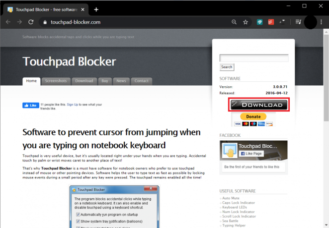 Μεταβείτε στον ιστότοπο Touchpad Blocker και κάντε κλικ στο κουμπί Λήψη για να ξεκινήσετε τη λήψη του αρχείου προγράμματος