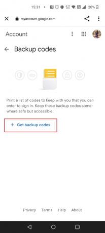 Klepněte na Získat záložní kódy | otevřete Gmail bez hesla a ověřovacího kódu