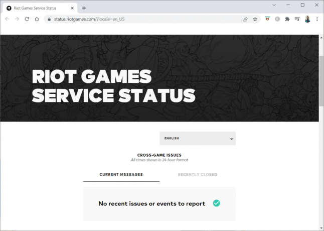 verifique o site de status do serviço da Riot Games para mais anúncios sobre a manutenção do servidor ou tempo de inatividade 
