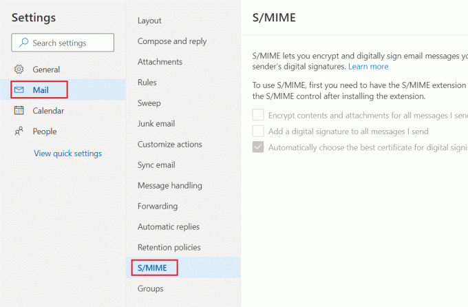 seleccione Correo y luego haga clic en la opción S MIME en la configuración de OWA. No se puede mostrar el contenido porque el control S MIME no está disponible