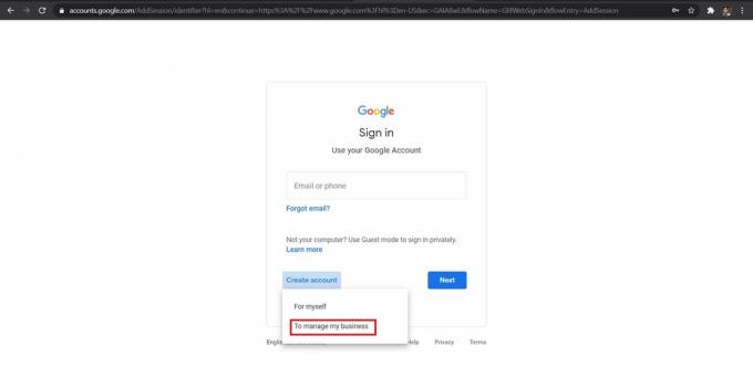 Klik 'Untuk mengelola bisnis saya untuk membuat akun Gmail bisnis | Cara membuat Akun Gmail tanpa Verifikasi Nomor Telepon