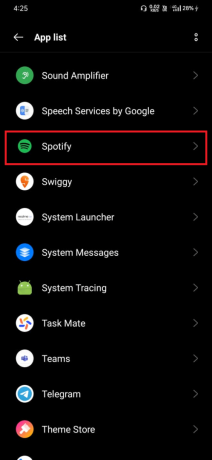 Programų sąraše pasirinkite „Spotify“. 10 būdų, kaip pataisyti „Spotify“ vis sustoja „Android“.