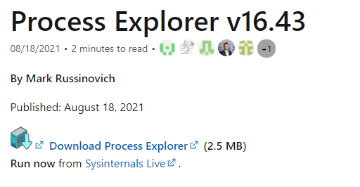 여기에 첨부된 링크를 클릭하고 Microsoft 공식 웹사이트에서 Process Explorer를 다운로드합니다.
