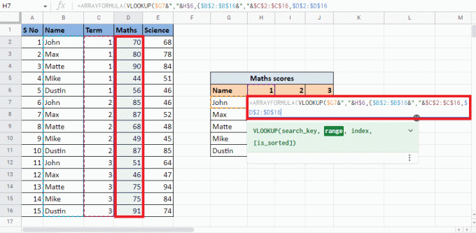 Добавете запетая (,) и изберете третата колона Maths, която дава целевата стойност и завършете диапазона 