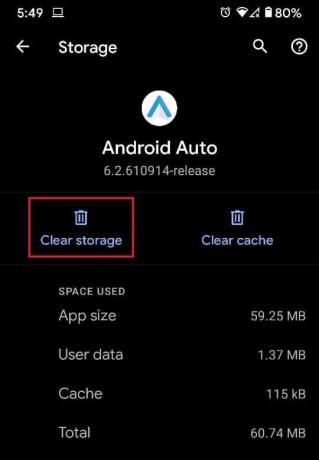 Érintse meg a „Gyorsítótár törlése” vagy a „Tárhely törlése” | A nem működő Android Auto javítása