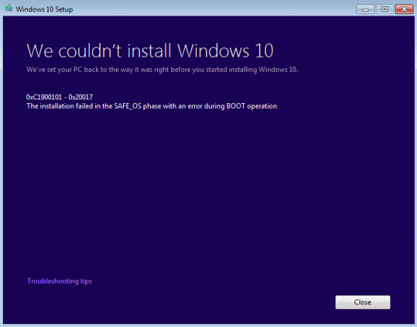 Διόρθωση Δεν ήταν δυνατή η εγκατάσταση των Windows 10 Σφάλμα 0XC190010 – 0x20017
