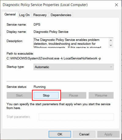 Ako je pokrenuta usluga Dijagnostičke politike, kliknite Stop